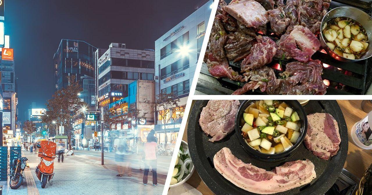 韓國新村夜景俯瞰與韓式烤肉圖，展示新村美食與餐飲選擇